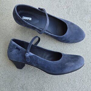 EUC 40 Camper Helena suede blue kitten heel mary jane round toe strap